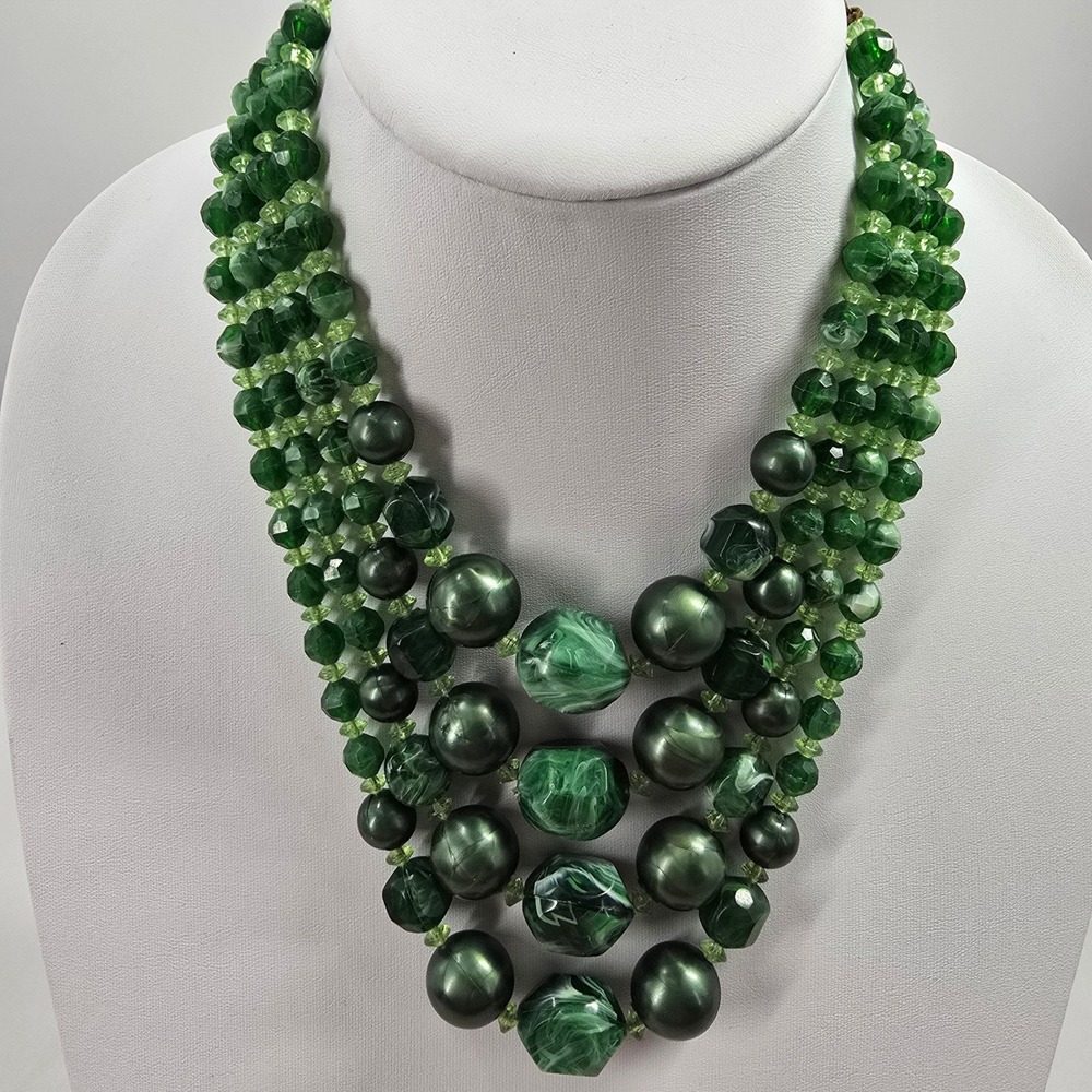 Vintage Green Multi Strand Beaded Statement Necklace Graduated Tiered Marbled - Picture 1 of 10